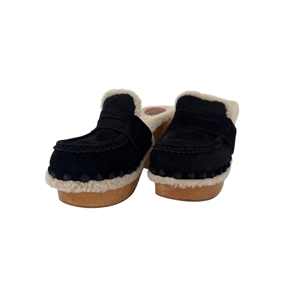 Chloe Platform Clogs Womens 39 Black Suede Shearling Joy Mules Wood Block Heel